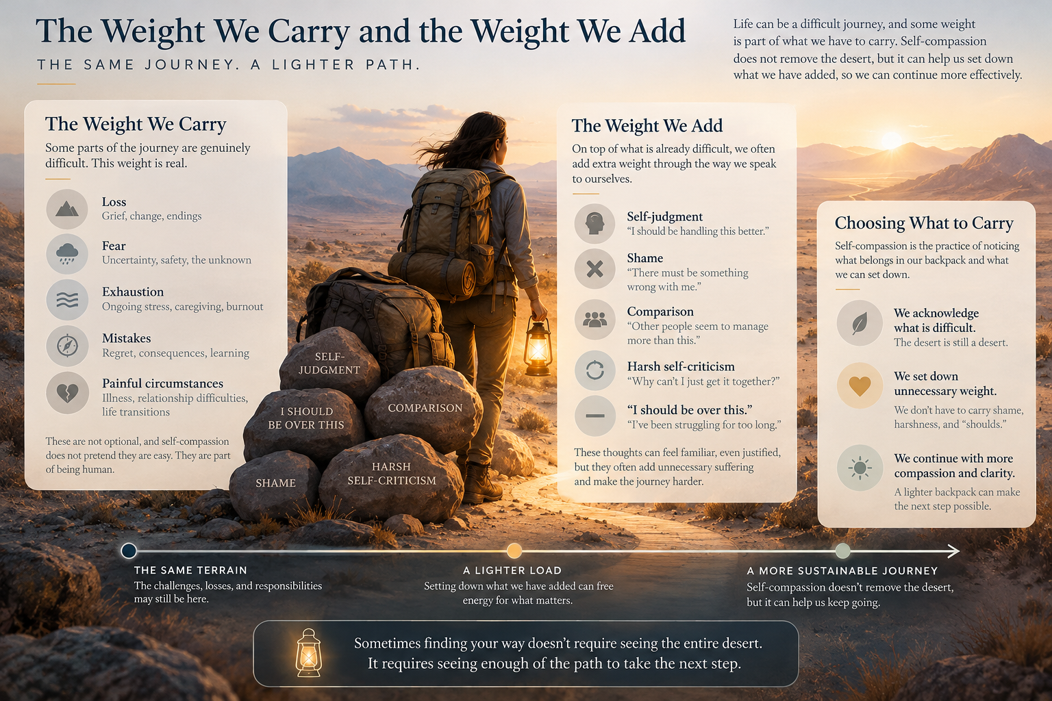 An illustration distinguishing the unavoidable weight of loss, fear, exhaustion, mistakes, and painful circumstances from added weight such as self-judgment, shame, comparison, and harsh self-criticism.