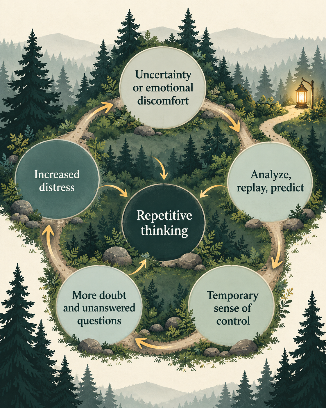 A looping forest trail: uncertainty or emotional discomfort leads to analyzing, replaying, and predicting; temporary control; more doubt; increased distress; and repetitive thinking.